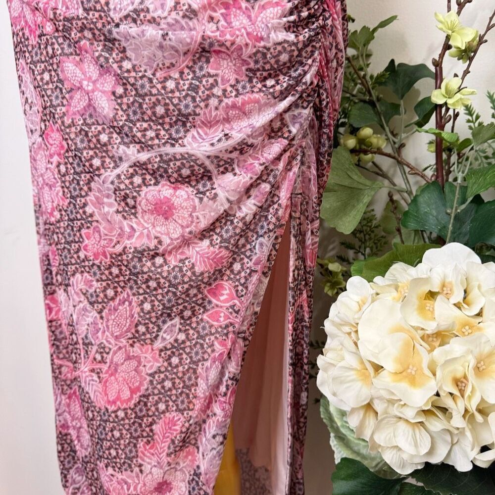 Anthropologie The Maya Ruched Cowl-Neck Mesh Midi Dress | Large | Pink Floral Pr - Picture 5 of 9
